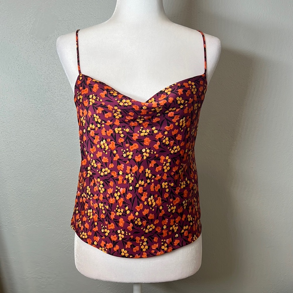NWT Zara floral cowl neck satin tank top blouse - purple & orange flower print